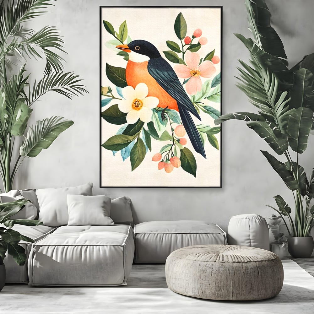 Tablou canvas cu tablou canvas cu pasare portocalie si flori, in rama de aluminiu negru, pe perete intr-un living